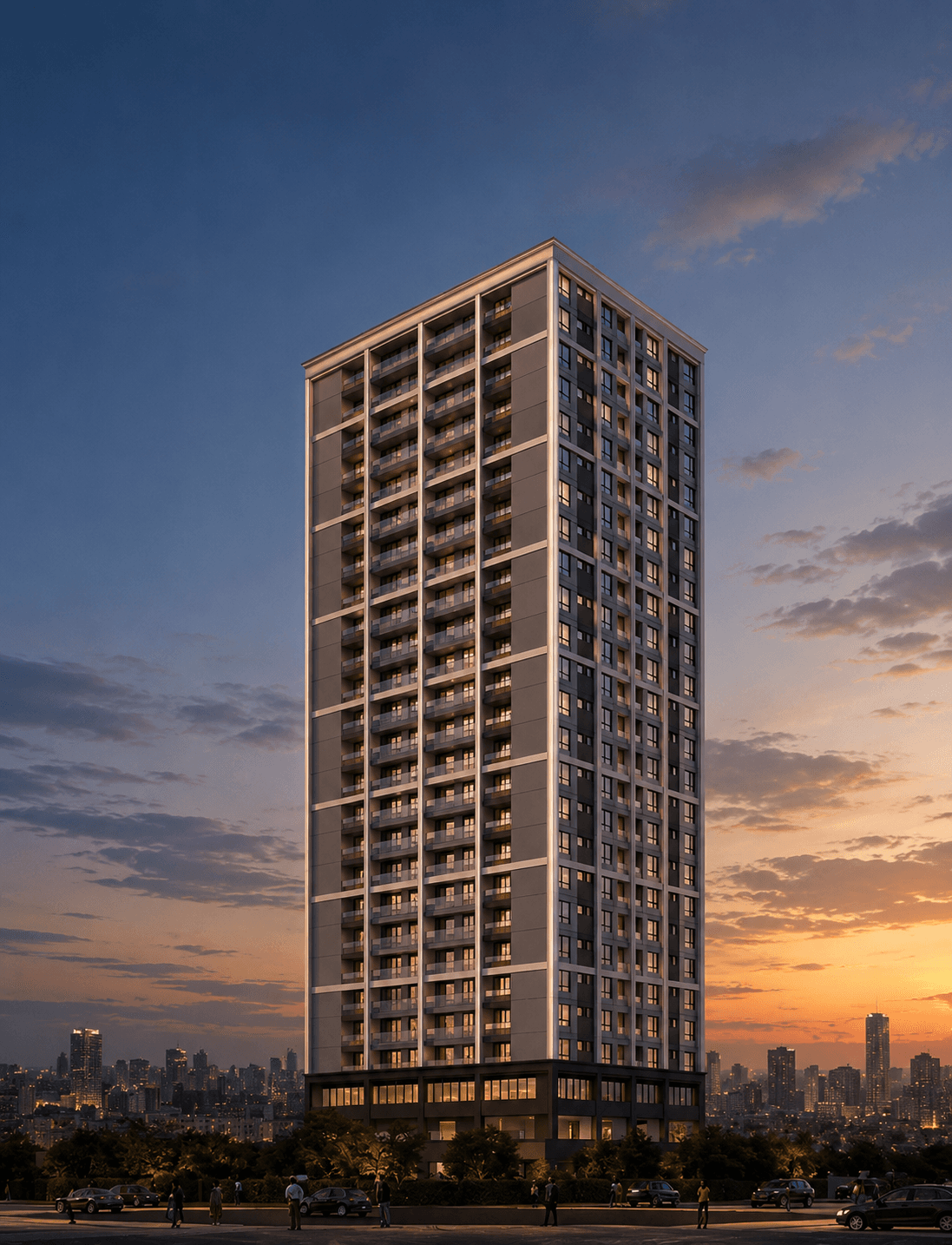 Citrine Heights tower closeup facade at dusk