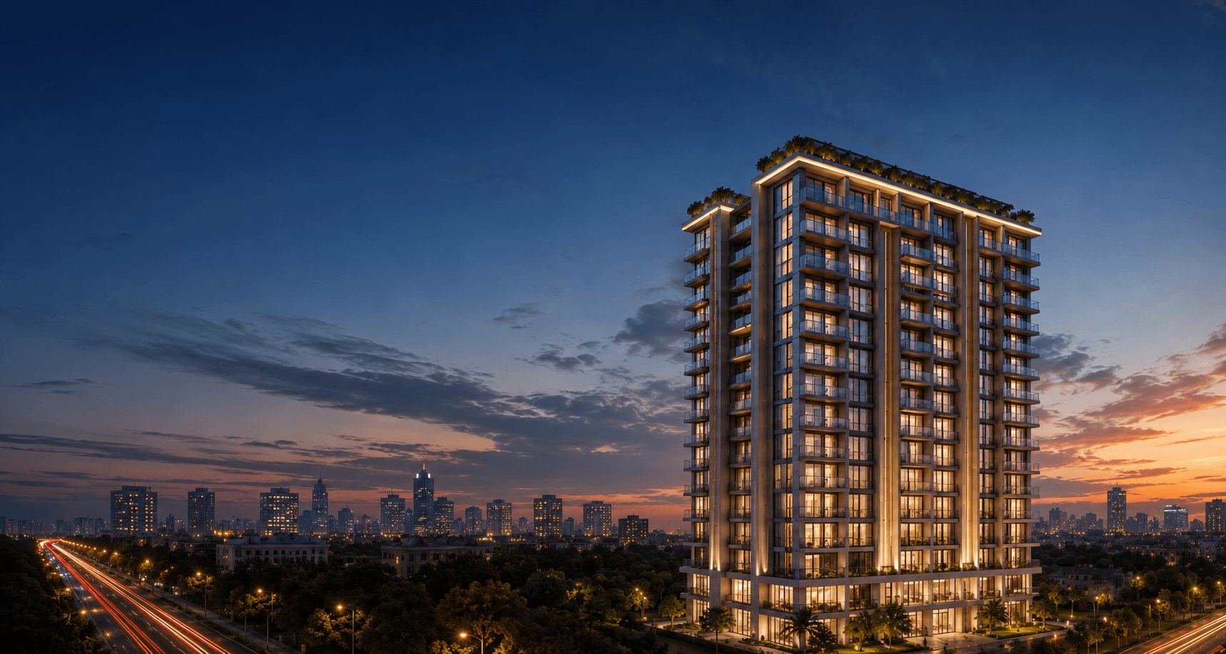Citrine Heights luxury tower exterior at dusk